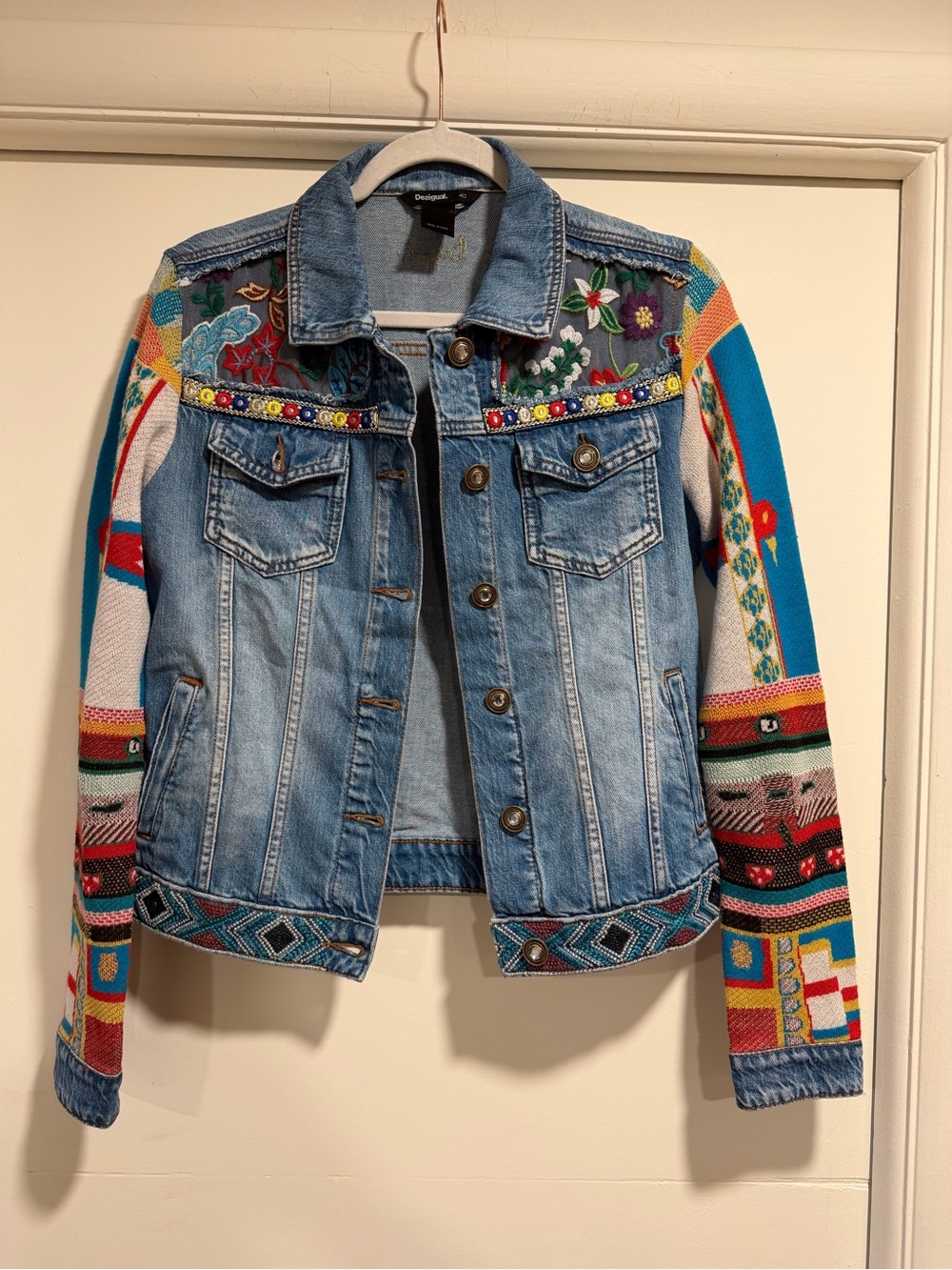 Desigual Blue Denim Jacket with Multicolor Embroidered & Knit Sleeves